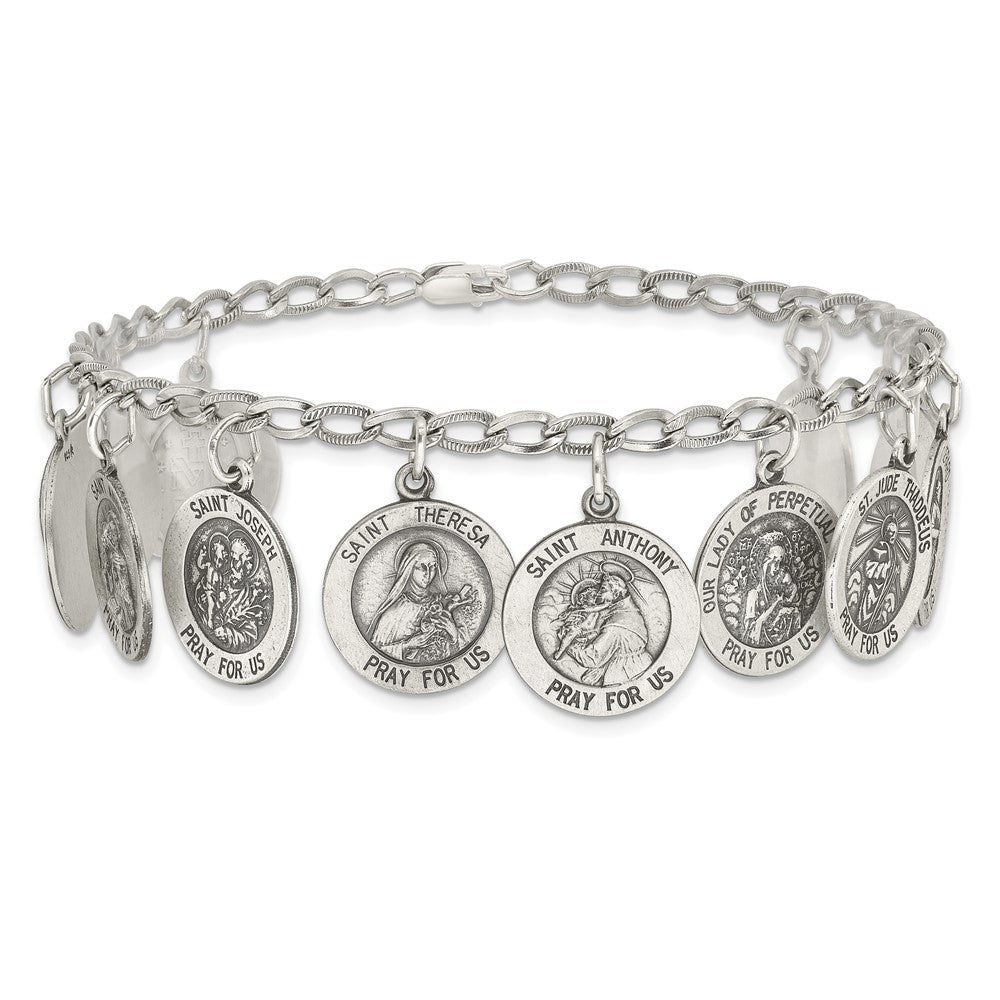 Sterling Silver Antiqued 12 Saints 8in Bracelet QC4383