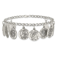 Sterling Silver Antiqued 12 Saints 8in Bracelet QC4383