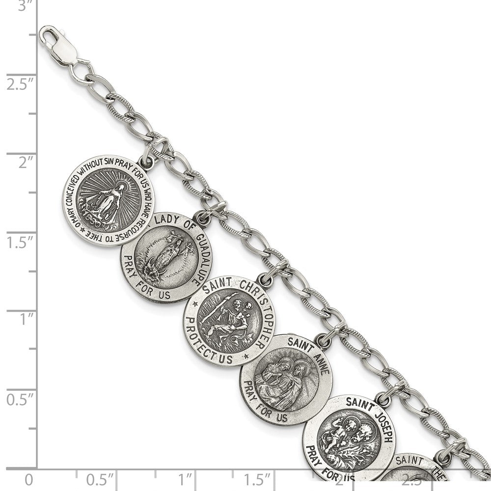 Sterling Silver Antiqued 12 Saints 8in Bracelet QC4383