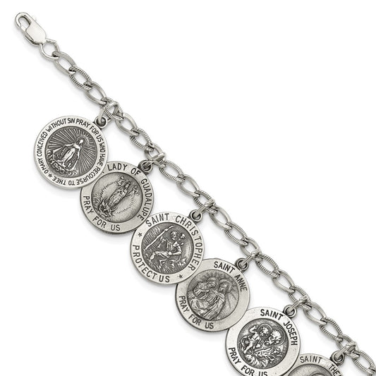 Sterling Silver Antiqued 12 Saints 8in Bracelet QC4383