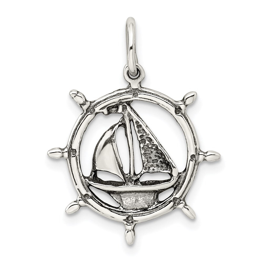 Sterling Silver Antiqued Sailboat in Wheel Charm QC4965