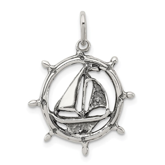 Sterling Silver Antiqued Sailboat in Wheel Charm QC4965