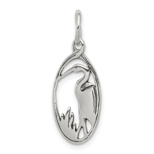 Sterling Silver Antiqued Crane in Oval Frame Charm QC5023