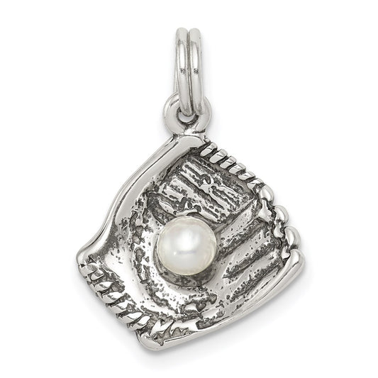 Sterling Silver Antiqued Baseball Glove w/Simulated Pearl Charm QC5140