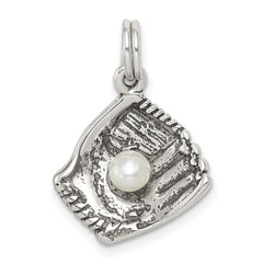 Sterling Silver Antiqued Baseball Glove w/Simulated Pearl Charm QC5140