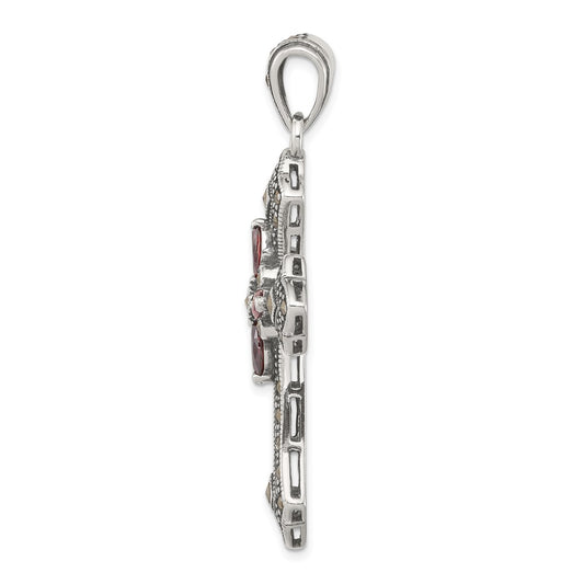 Sterling Silver Antiqued Red Marquise CZ Marcasite Cross Pendant QC5279