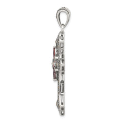 Sterling Silver Antiqued Red Marquise CZ Marcasite Cross Pendant QC5279