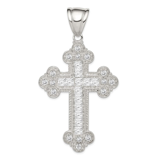 Sterling Silver Rhodium-plated CZ Budded Cross Pendant QC5329