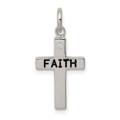 Sterling Silver Rhodium-plated Black Ink FAITH and CZ Antiqued Cross Charm QC5830
