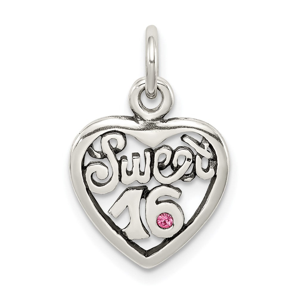 Sterling Silver Antiqued Sweet 16 Heart Charm QC6016
