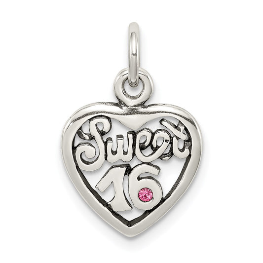 Sterling Silver Antiqued Sweet 16 Heart Charm QC6016