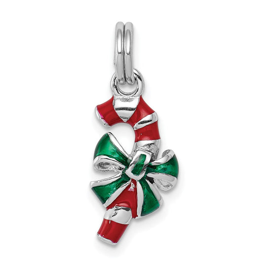 Sterling Silver Rhodium-platedEnamel Candy Cane Charm QC6074