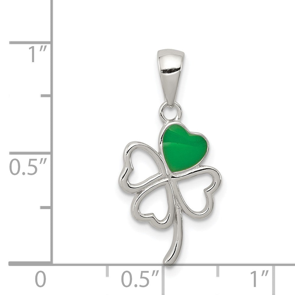 Sterling Silver Rhodium-plated Green Enameled Four Leaf Clover Pendant QC6113