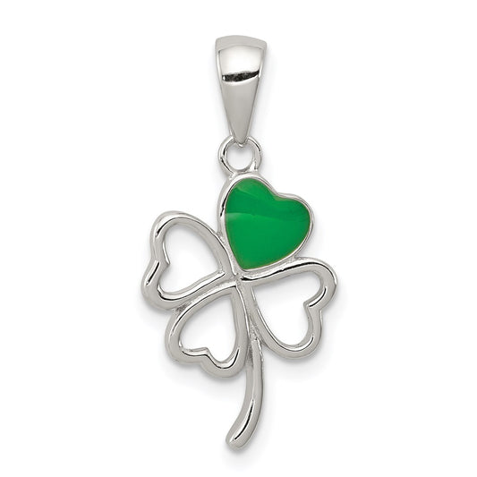 Sterling Silver Rhodium-plated Green Enameled Four Leaf Clover Pendant QC6113