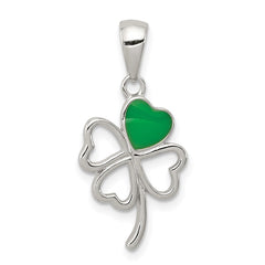 Sterling Silver Rhodium-plated Green Enameled Four Leaf Clover Pendant QC6113