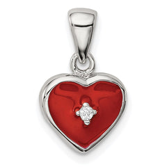 Sterling Silver Rhodium Plated Red Enamel with CZ Heart Pendant QC6184