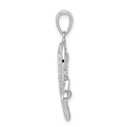Sterling Silver Rhodium-plated Polished Heart and CZ Double Heart Interconnected Pendant QC6198