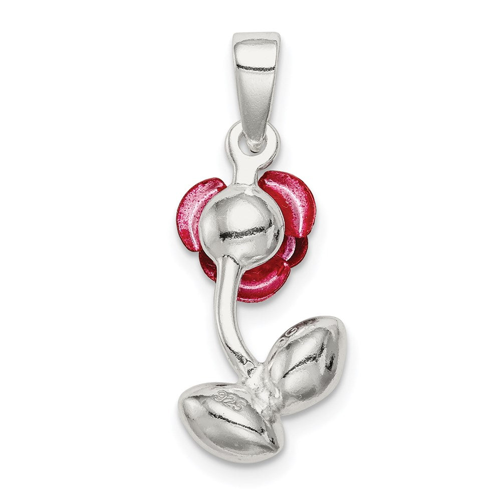 Sterling Silver Red Enamel w/Green CZ Rose Charm QC6206