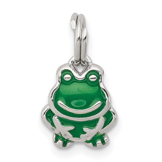 Sterling Silver Rhodium-plated Green Enameled Frog Charm QC6256