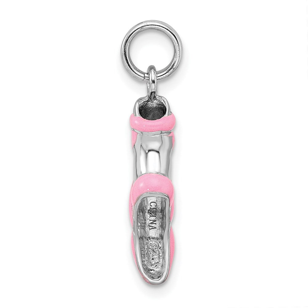 Sterling Silver Rhodium-platedPink Enamel Ballet Slipper Charm QC6475