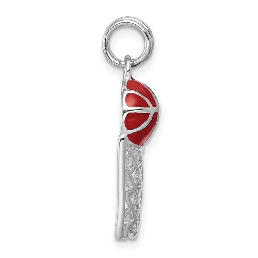 Sterling Silver Rhodium-platedEnamel Basketball & Hoop Charm QC6493
