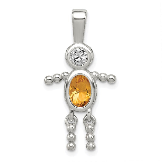 Sterling Silver Rhodium-plated CZ & November Glass Boy Pendant QC6713NOV