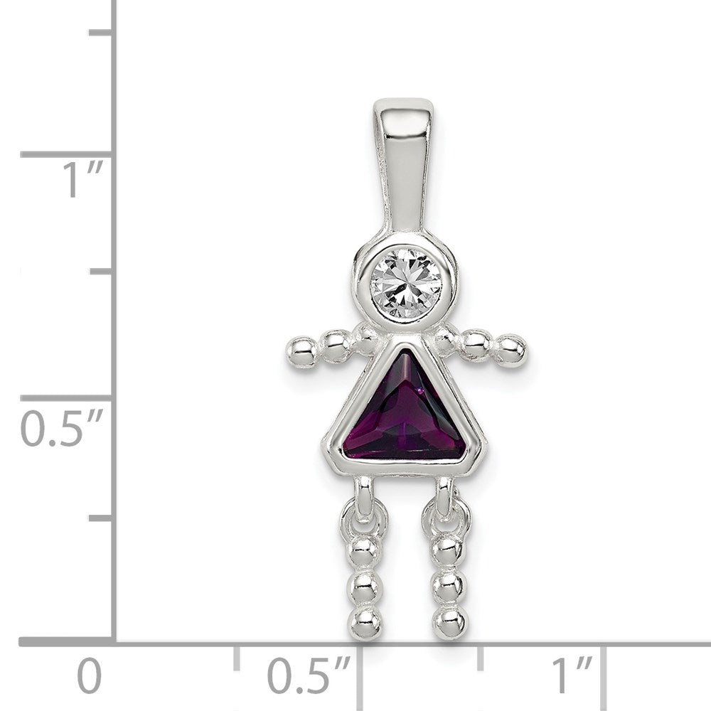 Sterling Silver Rhodium-plated CZ & February Glass Girl Pendant QC6714FEB