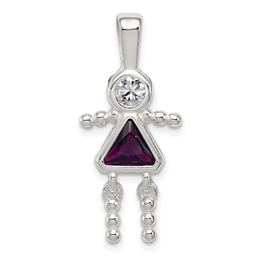 Sterling Silver Rhodium-plated CZ & February Glass Girl Pendant QC6714FEB
