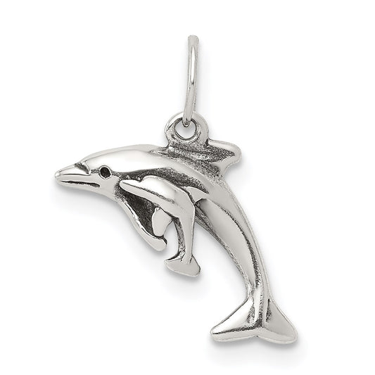 Sterling Silver Antiqued Dolphin w/Baby Charm QC6943