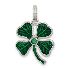 Sterling Silver Enameled 4-Leaf Clover with Green Glass Stone Charm QC6998