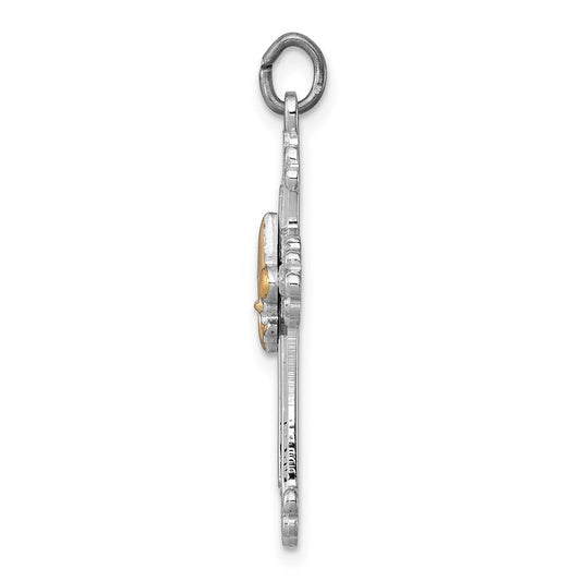 Sterling Silver Rhodium-plated & Gold-plated Cross & Fleur de lis Pendant QC7256