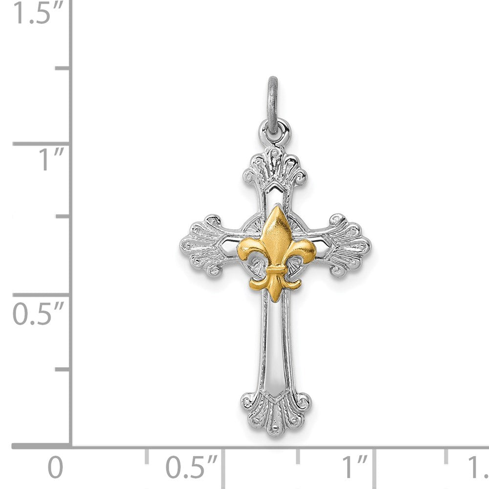 Sterling Silver Rhodium-plated & Gold-plated Cross & Fleur de lis Pendant QC7256