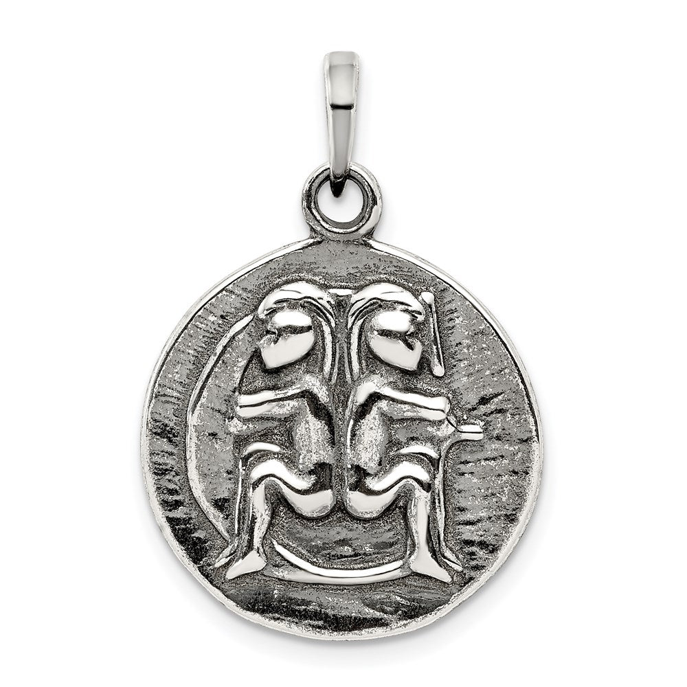 Sterling Silver Polished Antique Finish Gemini Horoscope Zodiac Pendant QC7414