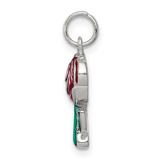 Sterling Silver Rhodium-plated Green and Red Enamel Rose Charm QC7546