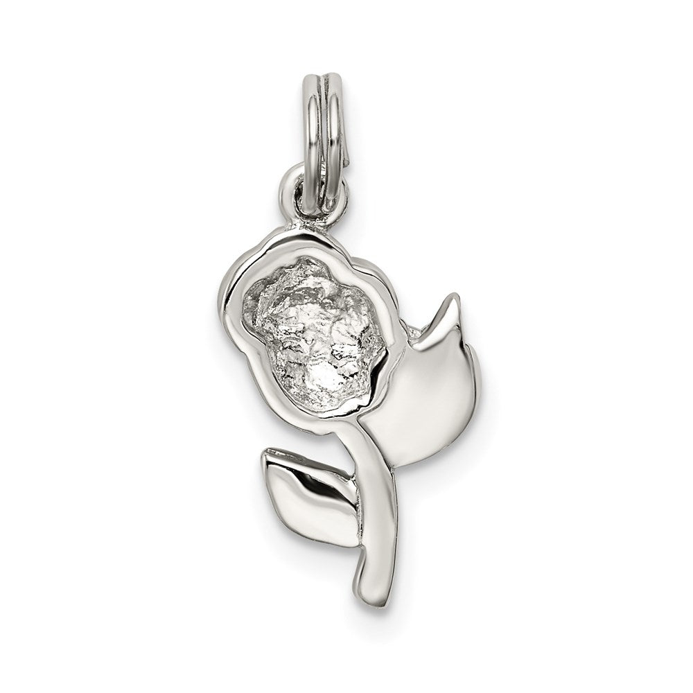 Sterling Silver Rhodium-plated Green and Red Enamel Rose Charm QC7546