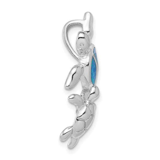 Sterling Silver Rhodium-plated Polished Blue Inlay Created Opal Turtle Slide QC7682