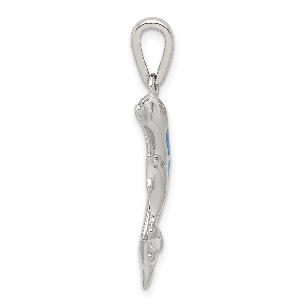 Sterling Silver Rhodium-plated Blue Inlay Created Opal Dolphin Pendant QC7683