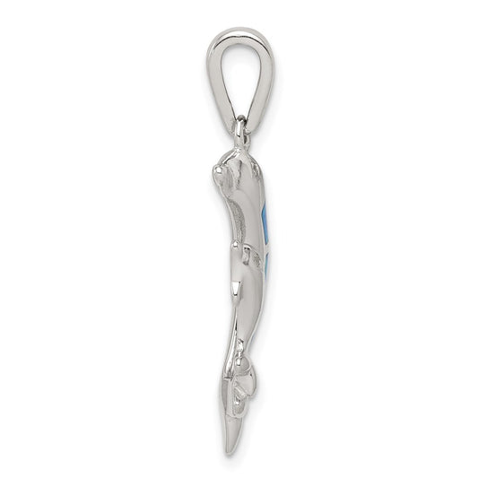 Sterling Silver Rhodium-plated Blue Inlay Created Opal Dolphin Pendant QC7683