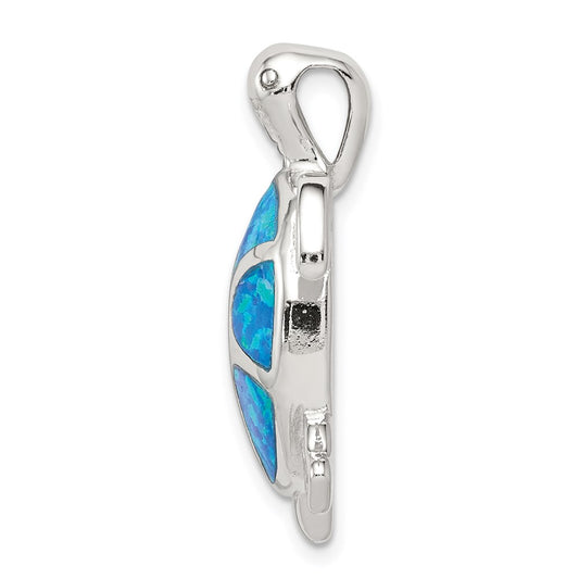 Sterling Silver Rhodium-plated Blue Inlay Created Opal Turtle Pendant QC7690