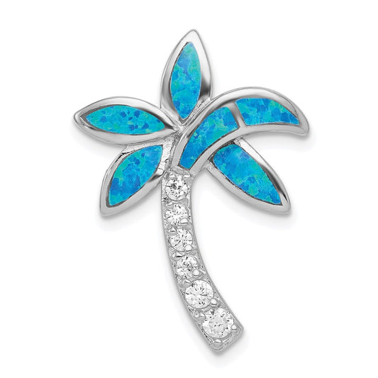 Sterling Silver Rhod-pltd CZ Blue Inlay Created Opal Palm Tree Slide QC7697