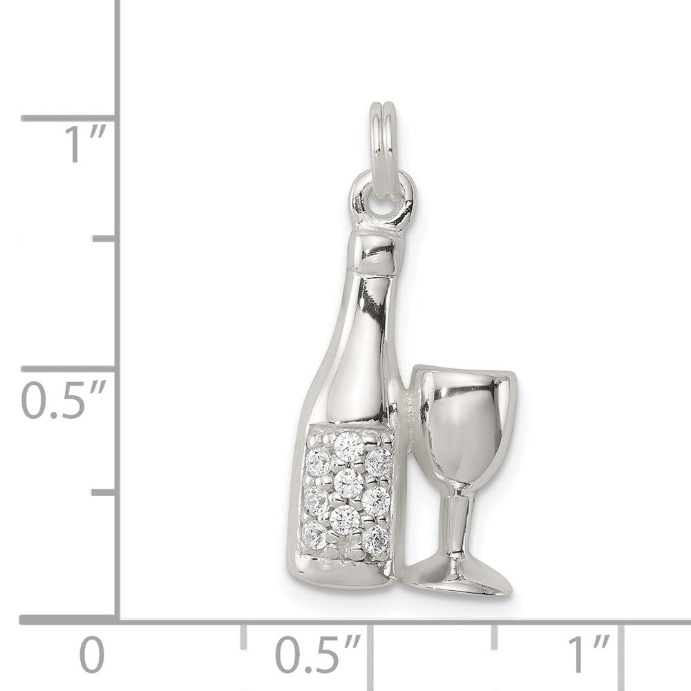 Sterling Silver CZ Wine/Champagne Bottle/Glass Charm Pendant QC7708