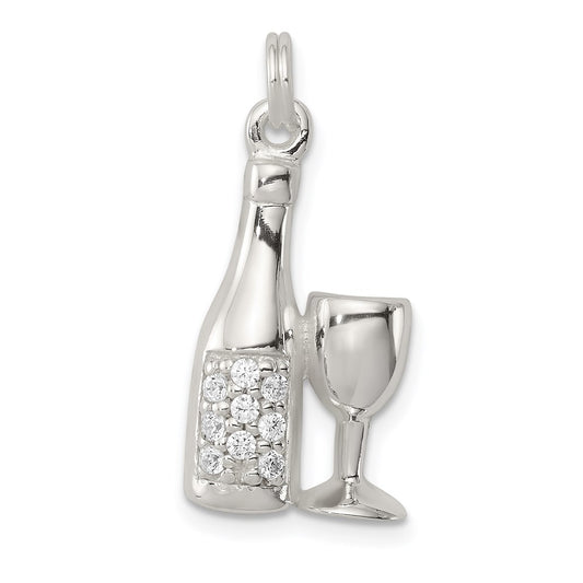 Sterling Silver CZ Wine/Champagne Bottle/Glass Charm Pendant QC7708
