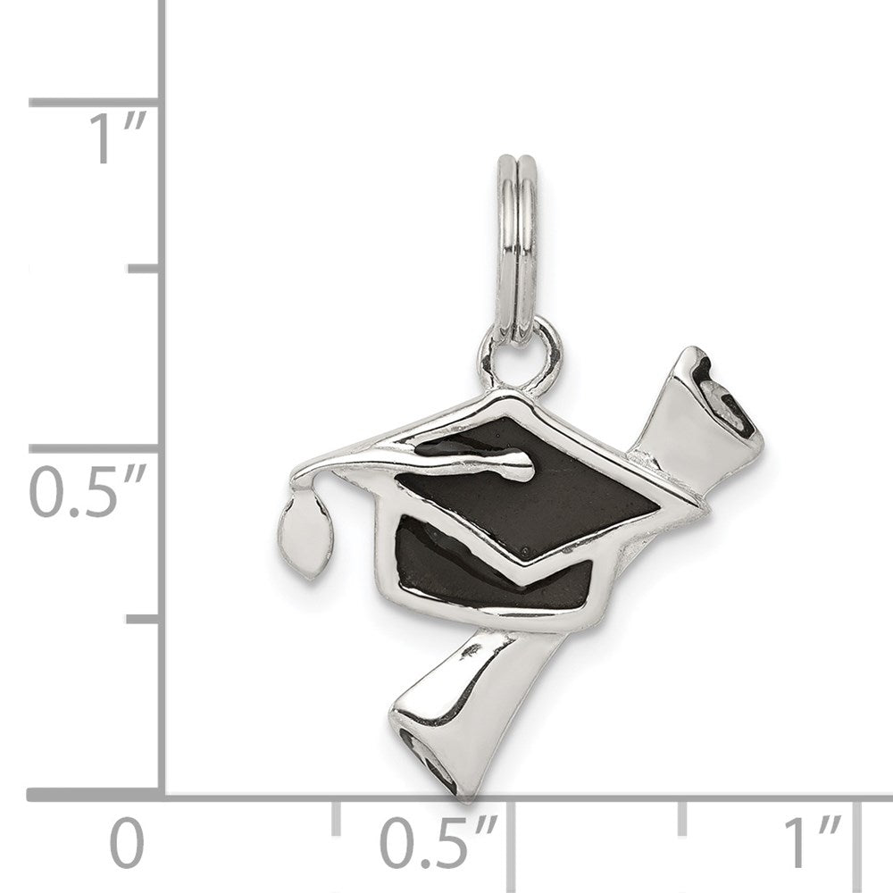 Sterling Silver Rhod-pltd Black Enamel Graduation Cap/Diploma Charm QC7755