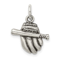 Sterling Silver Antiqued Baseball Glove/Bat Charm QC7804