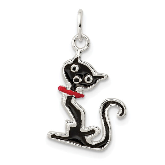 Sterling Silver Black Enameled Cat Charm QC7838