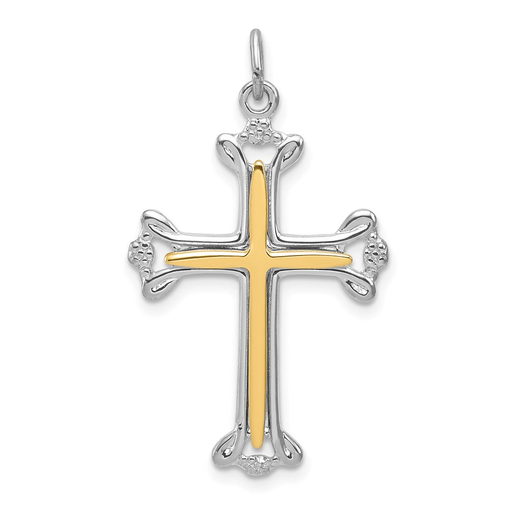 Sterling Silver Rhodium-plated Polished Vermeil Budded Cross Pendant QC7928