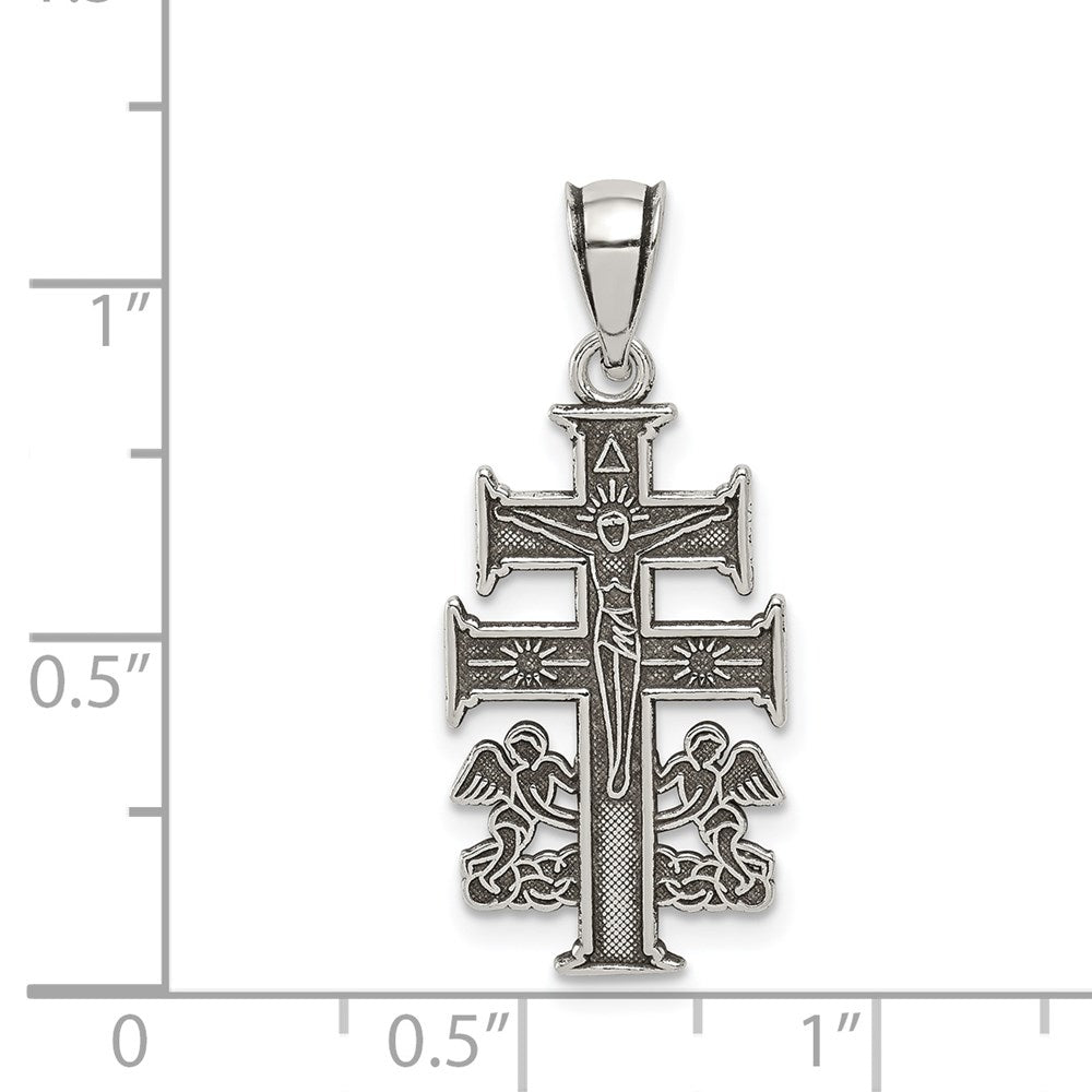 Sterling Silver Antiqued Caravaca Double Cross w/Angels Crucifix Pendant QC8140