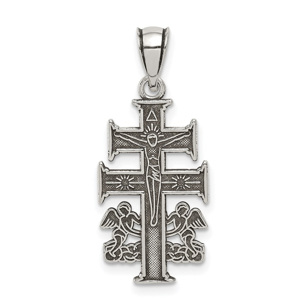 Sterling Silver Antiqued Caravaca Double Cross w/Angels Crucifix Pendant QC8140