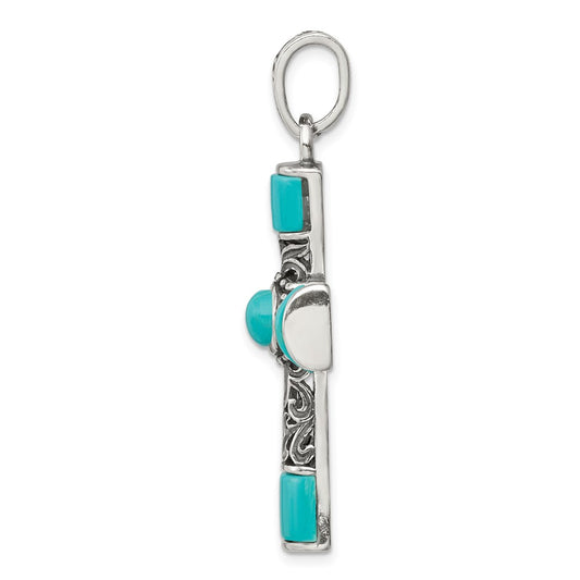 Sterling Silver Synthetic Turquoise Antiqued Cross Pendant QC8145