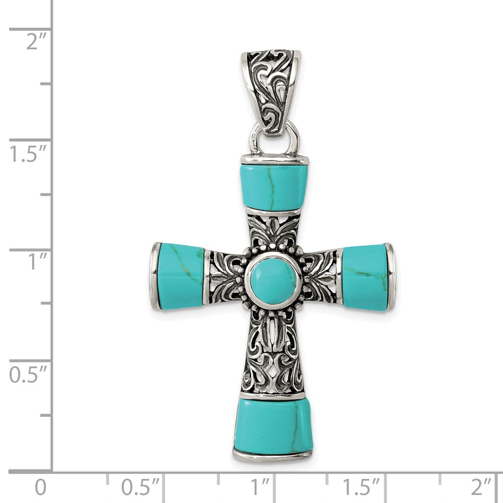 Sterling Silver Synthetic Turquoise Antiqued Cross Pendant QC8145